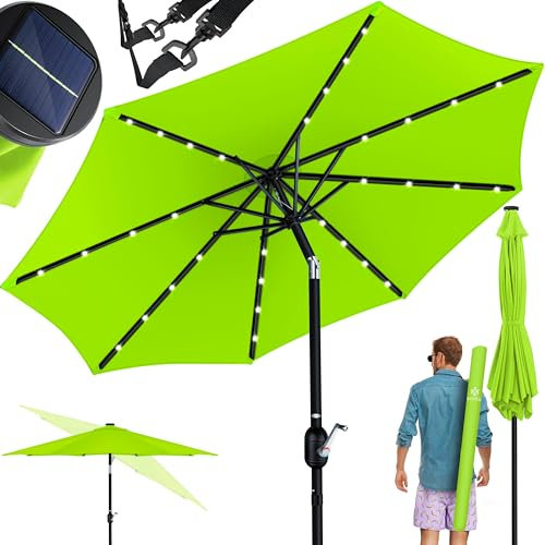KESSER® Parasol de balcon rond LED solaire avec manivelle et housse de protection 2 en 1 - Diamètre : 265 cm - Pour balcon, jardin et terrasse - Réglable et pliable - Vert