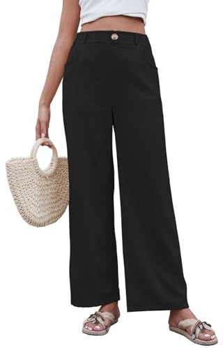 Yutdeng Pantaloni Lino Donna Estivi Comodi Elastico Vita Alta Larghi Eleganti Palazzo Leggeri Casual con Tasche e Bottoni per Business