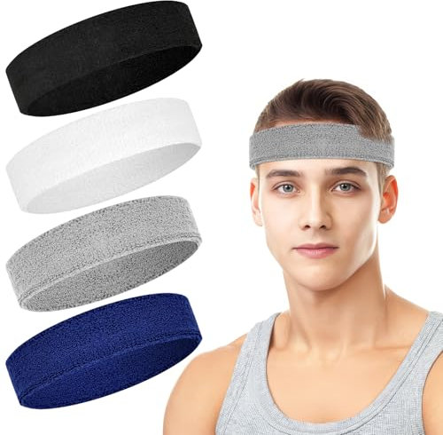 Schweißbänder, Sport-Stirnband für Damen und Herren, feuchtigkeitsableitend, athletisches Baumwoll-Frottee-Schweißband für Tennis, Basketball, Laufen, Fitnessstudio, Training (Schwarz/Weiß/Grau/Blau),