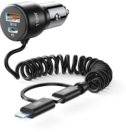 Zigarettenanzünder USB C, 110W 65W+45W 12V USB Auto Kfz Ladegerät Autoladegerät mit 1.5M Schnellladegerät Spiral Typ C Adapter L Kabel Car Charger für iPhone 16 15 14 Samsung iPad Pro Airpods Android