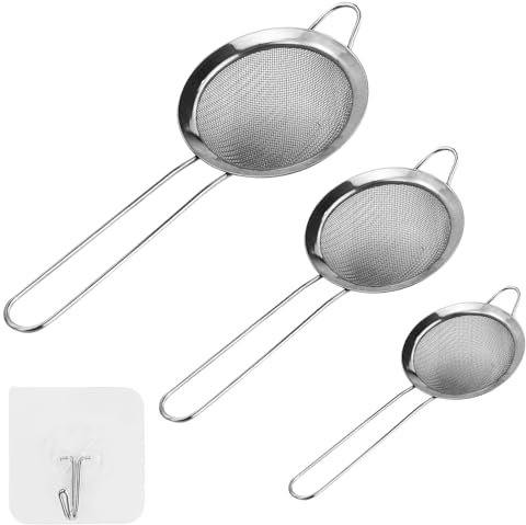 JRSHIRLEYLTD Setaccio da cucina, 3 pezzi, 8/10/12 cm, in acciaio inox, a maglia fine, per quinoa, verdure, tè, zucchero a velo, con 3 ganci