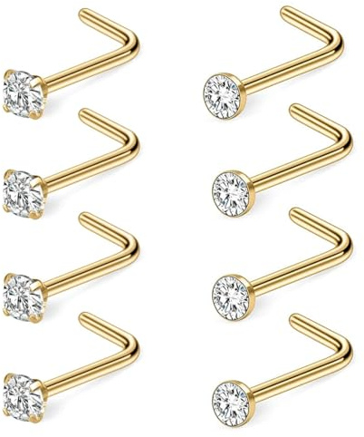 IKOPFLN 8 piezas 20G de acero quirúrgico Piercing Rhinestone Cubic Zirconia nariz 14K de oro Pendientes de tornillo recto en forma de L nariz Piercing Stud Joyería de 2 mm