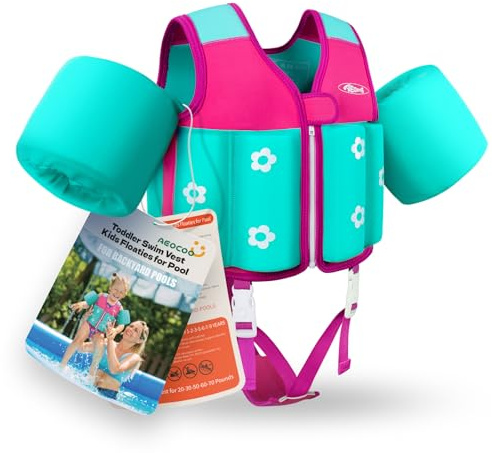 AEOCOO Kids Pool Floaties 1-2-3-5-7-9 Years Old, Toddler Swim Vest 20-30-50-70 Pounds, Comfortable Extended Wear Kids Float Jacket with Crotch Strap, Bright Design and Unpadded Sides, Pink