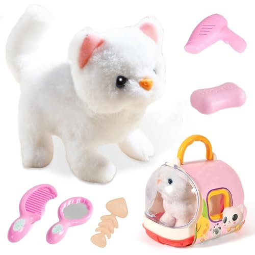 Ruioomeep Interaktive Plüschkatze, Elektronisches Haustier, Läuft, Bellt, Schwanzwedeln, Kuscheltier, Geschenk für Mädchen ab 3 Jahren