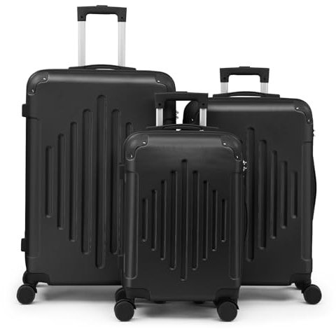 LEADZM Kofferset 3 teilig, Reisekoffer Set mit Eckenschutz, Koffer Set Hartschalen-Trolley aus ABS mit Teleskopgriff, Handgepäck, Diamantförmige Vertikale Streifen (Schwarz)