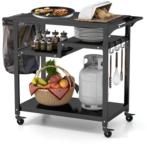 COSTWAY Grillvagn, grillbord, utomhus, pizzatbord med 4 hyllor och 4 hjul och krokar, grill sidobord, serveringsvagn för utomhusbruk, 85 x 50,5 x 93 cm