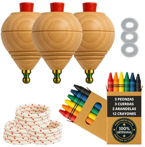 Toupie en bois pour enfants Pack de 3 trompes + 12 cires de couleurs + 3 rondelles | Fabriqué à la main en Espagne avec pointe ronde.