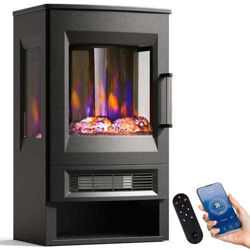 INMOZATA Electric Fire Stove 3D Glass Display Freestanding Electric Fireplace with 8 Flame Effect & 8 Ember Bed Effect Available, Overheat Protection & 45° Tip Over Protection, APP & Remote Control