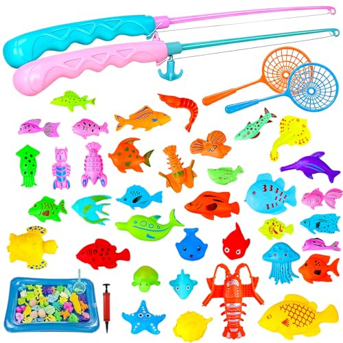 Pmueuff 40 Piezas Juguete de la Flotando Pesca Conjunto para Niños, Juguetes Piscina Niños , Juguete de Pesca para Niño, Juego de Pesca Magnético con Forma de pez, Juguetes de baño