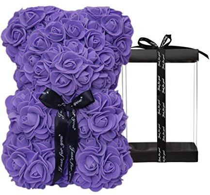 DuHouse Rose Bear Rose Teddy Bear Flower Gift Black Box per San Valentino Anniversario Festa della Mamma Natale, Compleanni Bridal Showers Completamente realizzato a mano 25,4 cm (Viola)