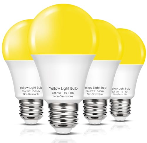 Yellow LED Bug Light Bulbs Outside, A19 LED Yellow Bug Bulb Outdoor 60W Equivalent, 9W Yellow Amber Bug Lights E26 Base Porch Lights, Non-Dimmable LED Lighting for Home, Patio, Deck, Backyard, 4 Pack
