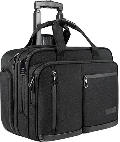 VANKEAN 17.3'' Laptoptasche mit Rollen für Herren, Stylische Handgepäck-Aktentasche Laptoptasche wasserdichte mit Rollen für die Nacht mit RFID-Taschen für Reisen/Arbeit/Schule-Schwarz