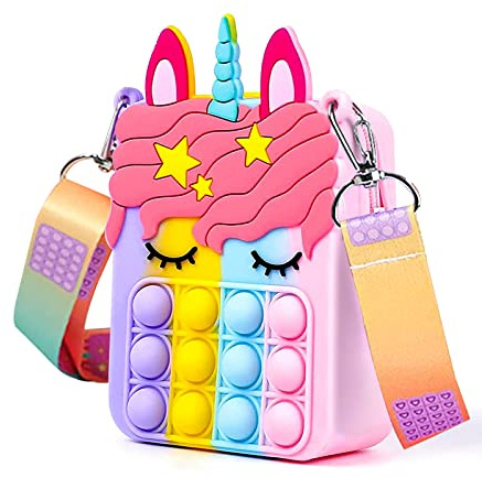 hirsrian Pop Fidget Bag Toy, Rainbow Fashion Shoulder for Girl Popping it Squeeze Toy Relieve Stress Kids and Adults(unicorn)