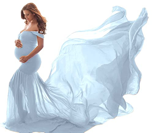 YAOTT Vestido de Maternidad para Mujer Embarazada Chifón Larga Vestido de Gasa Maxi Vestido de Fotografía para La Sesión de Fotos,Azul2,M