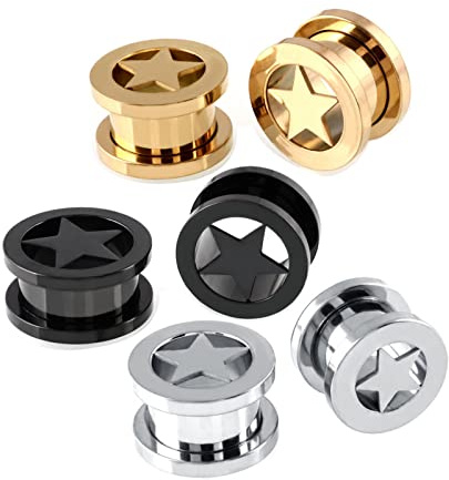Beydodo Tappi per Orecchio 8mm, Flesh Tunnel in Acciaio Chirurgico 6pcs Orecchino Piercing Uomo A Forma Di Stella