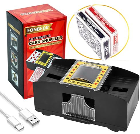 FONBEAR Automatischer Kartenmischer mit 2 Decks, USB- und batteriebetriebener elektrischer Mischpult (Spielkarte im Lieferumfang enthalten), ideal für Zuhause und Turnier, für klassische Poker- und