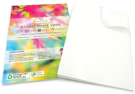 Evergreen Goods A4 White Glossy Printable Vinyl Sticker Paper | 40 Sheets | Inkjet & Laser Printers | Waterproof Self-Adhesive | Sticky Back | Perfect for Stickers, Labels & Crafts