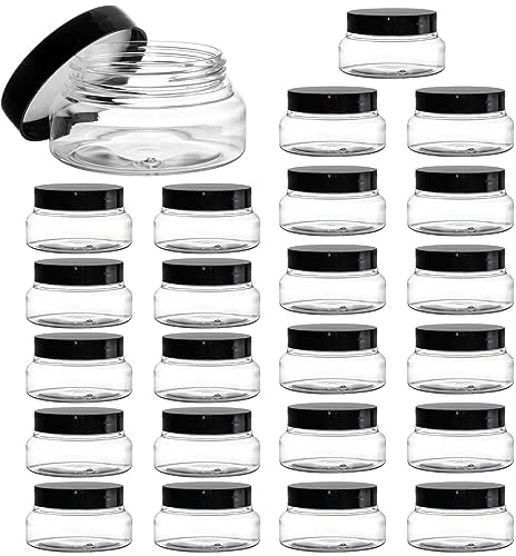 Yarlung 24 Pack 5 Oz Plastic Jars with Lids, Clear Body Scrub Jars Empty Refillable Containers Round Low Profile Samples Jars for Lotion, Body Butter, Sugar Scrub, Cream