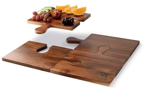 Dryfish Home Wooden Cheese Board - Jigsaw Cut | Set of 4 Acacia Wood Large Charcuterie Boards | Housewarming Gift, Thanksgiving Gift, Dinner Party, Premium Cheese Board