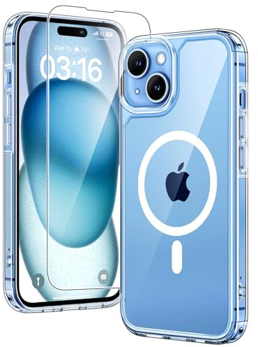 TAURI für iPhone 15 Hülle 6,1 mit Panzer Schutz Glas Folie, Kompatibel mit MagSafe, Schutz nach Militärstandard, [Anti-Vergilbung] Stoßfest Magnetisch Handyhülle - Durchsichtig