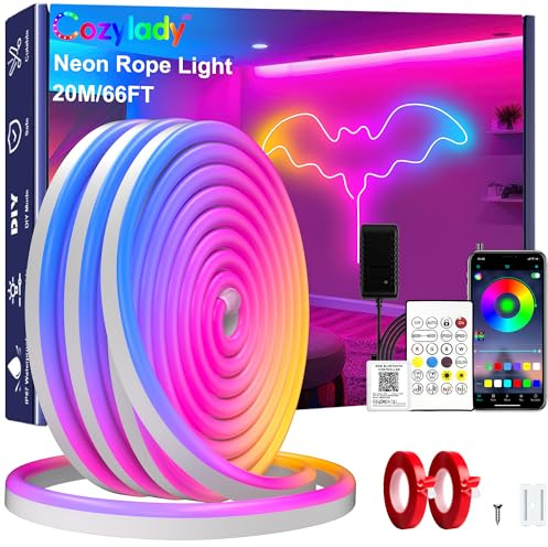 Cozylady 66Ft (33Ft * 2 Rolls) RGB LED Neon Rope Lights for Bedroom, 20m LED Strip Lamp with Double Sided Adhesive Tape, App/Remote Control DIY Lights Decorate The Outdoor and Indoor of Your Home