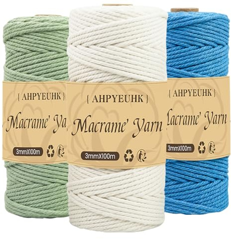 3mm Filo per Macrame 3 rotoli Set di Corda Macrame 300m Corda Macrame Naturale, Macramè Filo Morbido per Arazzi, Appendini per Piante, Artigianato Fai da Te (Blu mare Beige Verde chiaro)