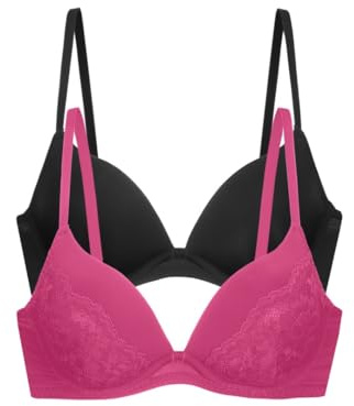 Dorina Willa Lot de 2 Soutiens-Gorge Push-Up Plongeants – Armatures, Rembourrés, Bretelles Réglables, Dentelle & Microfibre, Rose et Noir