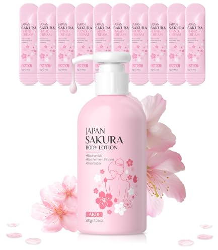 LAIKOU Sakura Feuchtigkeitslotion 200g, Feuchtigkeitsspendende Bodylotion Körperlotion, Sorgt für ein geschmeidiges Hautgefühl, Geeignet für Gesicht, Körper & Hände, inklusive 10x 3g Handcreme