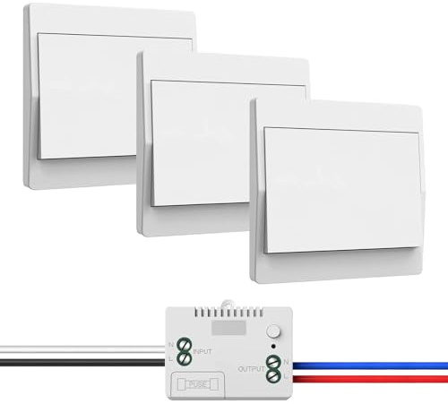 Juego de interruptores de luz inalámbricos de 230 V, no requiere pilas, interruptor de pared impermeable, controla tu lámpara hasta 200 m de distancia (1 receptor y 3 paneles de conmutación)