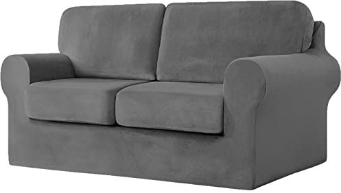 5-Piece Stretch Velvet Loveseat Cover - Anti-Slip Sofa Slipcovers for 2 Seater Couch with Separate Backrest & Cushion Covers Elastic Band Furniture Protector (Medium Grey)