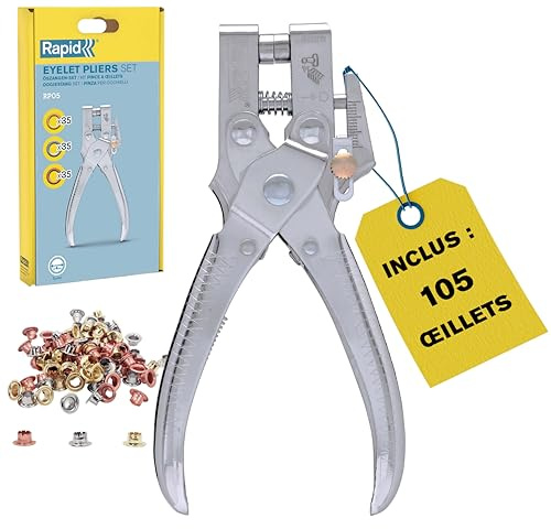 Rapid RP05 Ösenzange Set mit Lochfunktion – Inklusive 105 Ösen (4 mm), Verchromt, Für Leder, Textilien, Schuhe, Segeltuch – 2-in-1 Ösenzange und Lochzange
