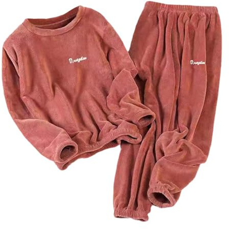 Pijamas de Tallas Grandes de Forro Polar Coral para Mujer Ropa de Estar por Casa para Parejas Holgada de Manga Larga para Invierno Conjunto de Blusa y Pantalón de Manga Larga (Brick Red, XXXL)
