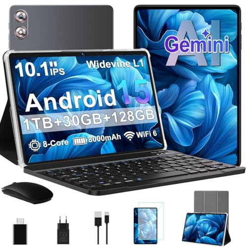 fezawio 10 Pulgadas Tablet Android 15, 30GB RAM+128GB (2TB TF) Octa-Core/Gemini AI/Widevine L1/5GWiFi6/8000mAh/5MP+8MP/Tablets con Teclado & Funda & Raton,Gris