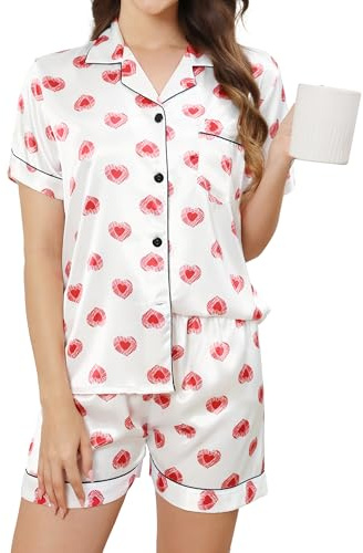 TeJoyce Pijama Mujer Verano Seda Conjunto de 2 Piezas Satén Manga Corta con Botones Ropa de Dormir Corto Loungewear