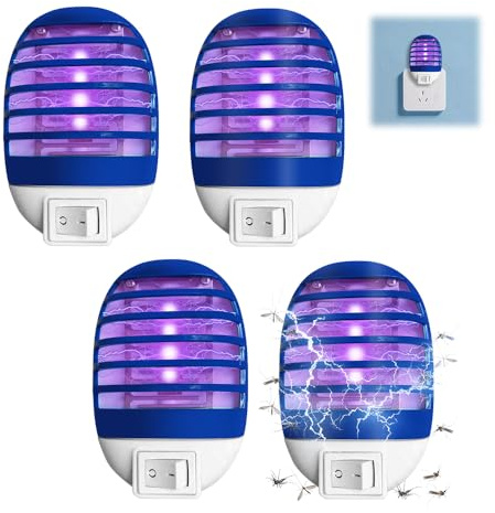 Lámpara antimosquitos, 4 unidades, matamoscas eléctrico, trampa para insectos UV, enchufe para moscas, mosquitos, polillas, cocina, para dormitorio, interior (azul-1)