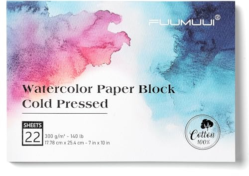 Fuumuui 100% Cotton 17.8cm x 25.4cm/7x10 Watercolour Paper 22 Sheets | Cold Pressed Watercolour Paper Block, 140LB/300GSM Art Paper for Watercolour Gouache Ink