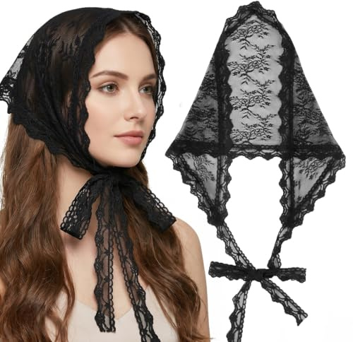 Lace Triangle Head Scarf For Women - Veil Black Mantilla Catholic Veil, Black Lace Scarf Mass Veils Head Covering Chapel Veils Vintage Triangle Cover Up Hair Scarfs for Bridal Women