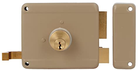 Amig - Cerradura de Sobreponer de Derecha con palanca de Cierre, Lengüeta y Tirador para Puertas de Madera Mod. 77-100 x 85 mm - Pestillo con Cilindro Redondo de Serreta - Acero Beige