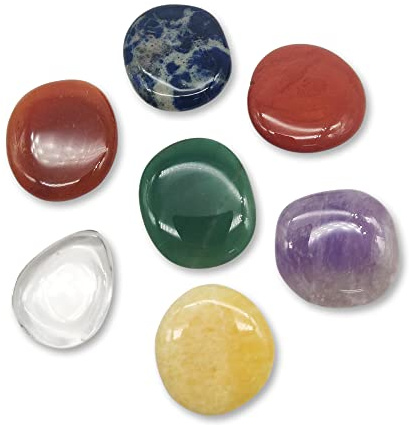 DOJA Barcelona | Piedras Chakras Forma Plana | 35x40mm | Piedras Energeticas de los 7 Chakras: Cuarzo Rosa, Amatista, Sodalita, Cuarzo Verde, Calcita, Carneola, Jaspe Rojo | Cristales Curativos
