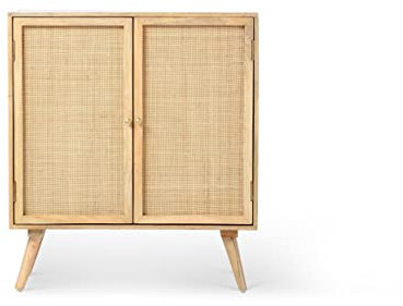 Desser Manhattan Tall Rattan Sideboard with Wine Storage – 2 Door Living Room Cabinet with 6 Compartments Freestanding - Wicker Cane Webbing & Mango Wood in Natural - H90cm x W80cm x D45cm