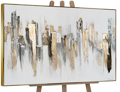 YS-Art Cuadro pintura abstracta hecho a mano enmarcado Pintado en acrílico abstracto ligero con motivos urbanos tonos grises y dorados 180x120 cm