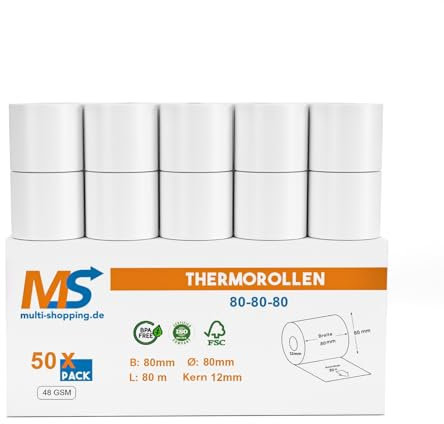 50x Kassenrollen/Thermorollen/Bonrollen 80mm x 80m x 12mm Bpa frei 48gsm/ für alle gängigen Thermo Kassen-Bondrucker B: 80mm x L: 80m Ø80mm