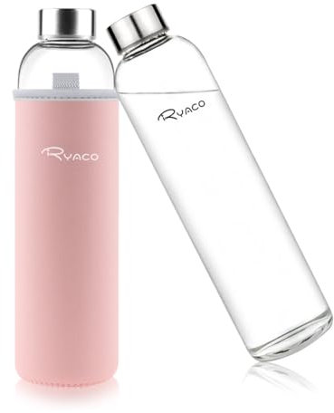 Ryaco Trinkflasche aus Glas 750ml/25oz,Glasflasche mit Neoprenhülle,Glastrinkflasche mit Schraubverschluss,Wasserflasche Glas für heiße kalte Getränke,spülmaschinenfest