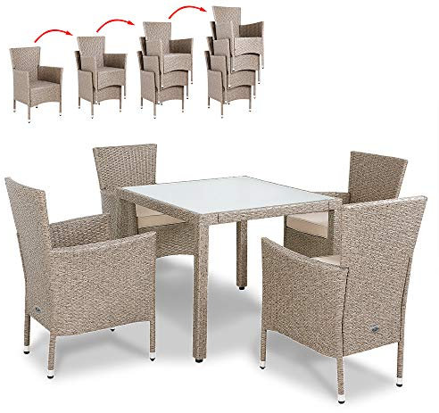 Casaria® Gartenmöbel Set Balkon Wetterfest 4 Personen Polyrattan Outdoor mit 7cm Auflagen Stapelbar Gartenstühle Gartentisch Garten Terrasse Möbel Beige