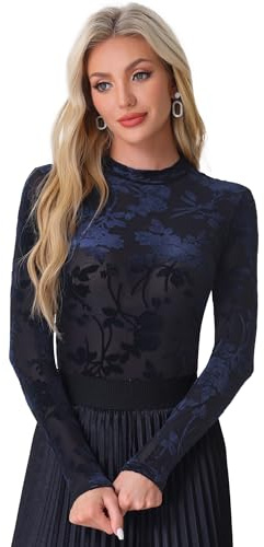 Allegra K Blouse en Velours Femme Imprimé Floral Haut en Maillage Chemisier à Col Montant Pull élastique à Fleurs Haut à Manches Longues Demi-Transparents