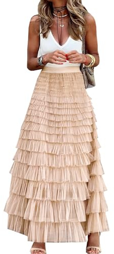 Gonna Lunga da Donna in Tulle, Linea A, con Volant, a Vita Alta, a Strati, Sottoveste, Champagne, XL