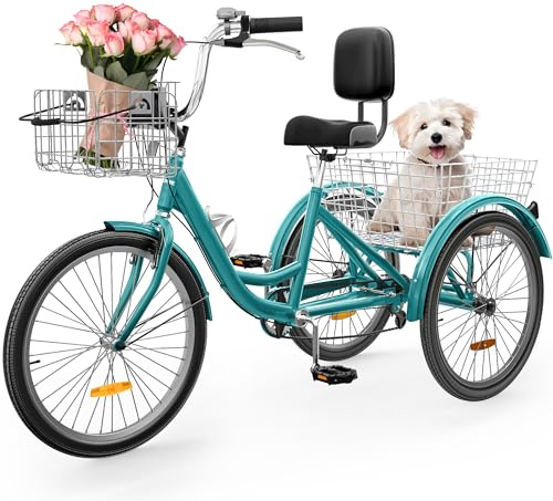YITAHOME 26 Inch Adult Tricycle, 7 Speed 3 Wheel Bikes, Trike for Adults with Front & Rear Baskets, Cruiser Bike for Seniors Women Men Commute Picnic Outdoor, Mint Green