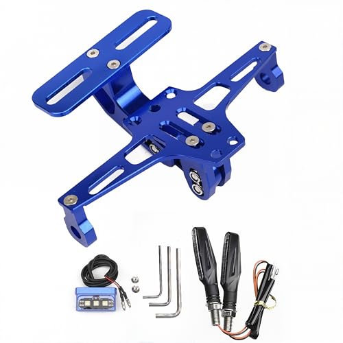 Support de Plaque d'immatriculation pour Motos avec éclairage LED Rotatif à Gauche et à Droite. Support de Plaque d'immatriculation réglable en Aluminium pour la Plupart des modèles de Moto (Bleu)