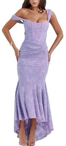 xxxiticat Elegant klänning för kvinnor, figurbetonad spetsklänning, fiskstjärtklänning, fiskbensfärgad klänning, axelband, maxiklänning, smockad, – Material:, XL