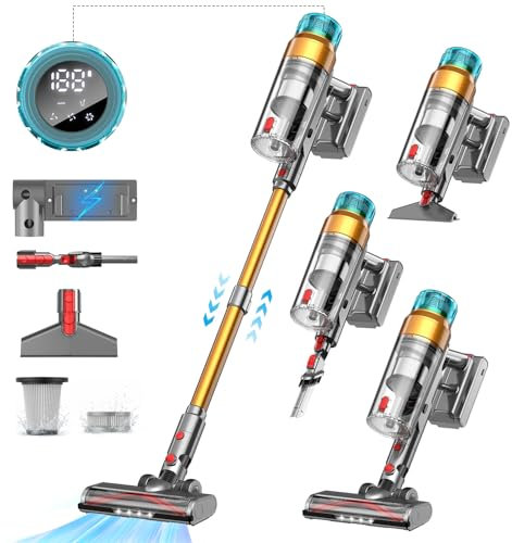 50KPa/600W Aspiradora sin Cable, Aspiradora Sin Cable Potente hasta 55Mins, con Carga de Pared Smart Screen, Cepillo Antienredos, Alfombra Pelo Mascota Suelo Sofá[Clase de eficiencia energética A+++]